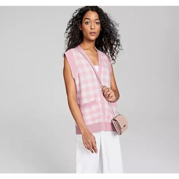 Charter Club Pink Cream Cashmere Vest Gingham Sz Medium - Picture 1 of 7
